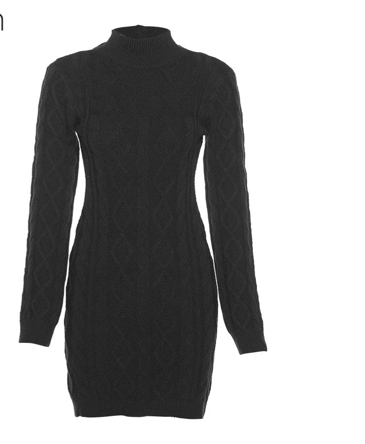 Open Back Knitted Solid Turtleneck Mini Sweater Dress