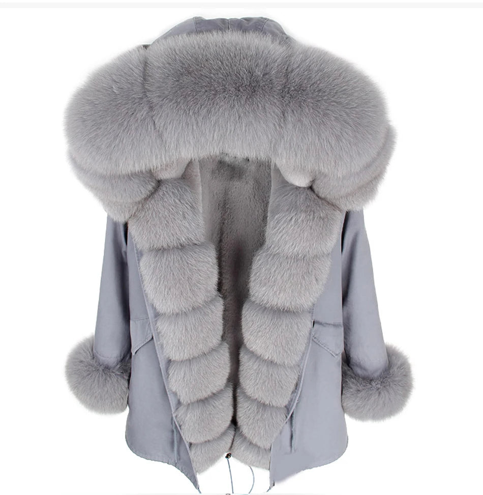 Colorblock Real Fur Oversized Collar Hip-Hop Design Women's Hooded Full Pelt Trenchcoat
