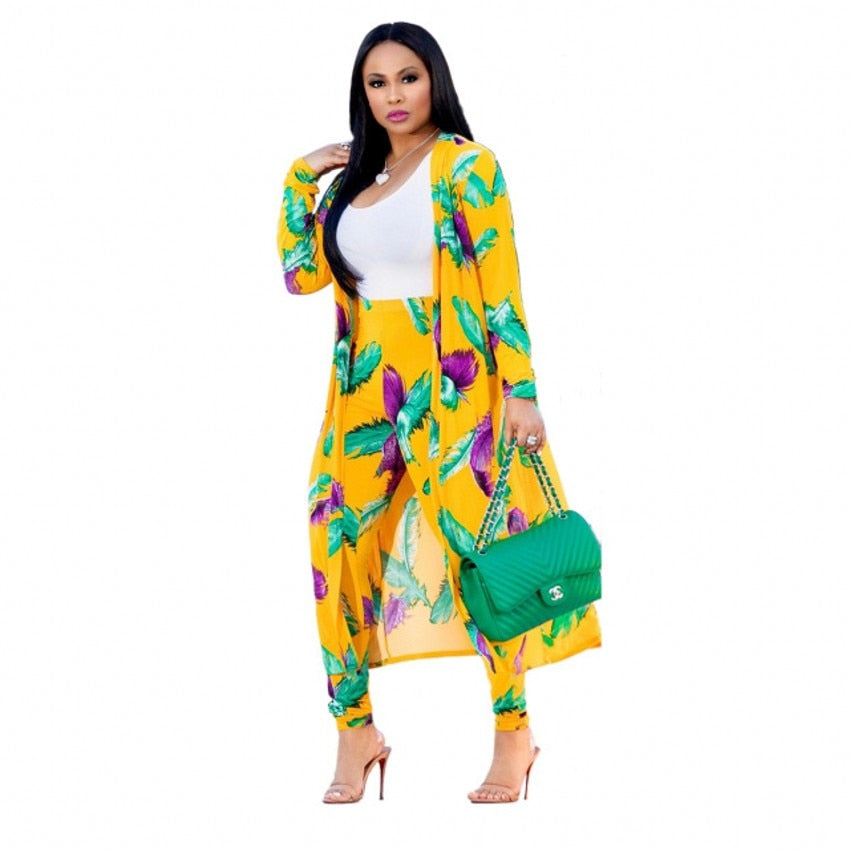 Tie Dye/Printed/Geometric Long Sleeve Maxi Jacket + Elastic Leggings Plus Size 2-Piece Set