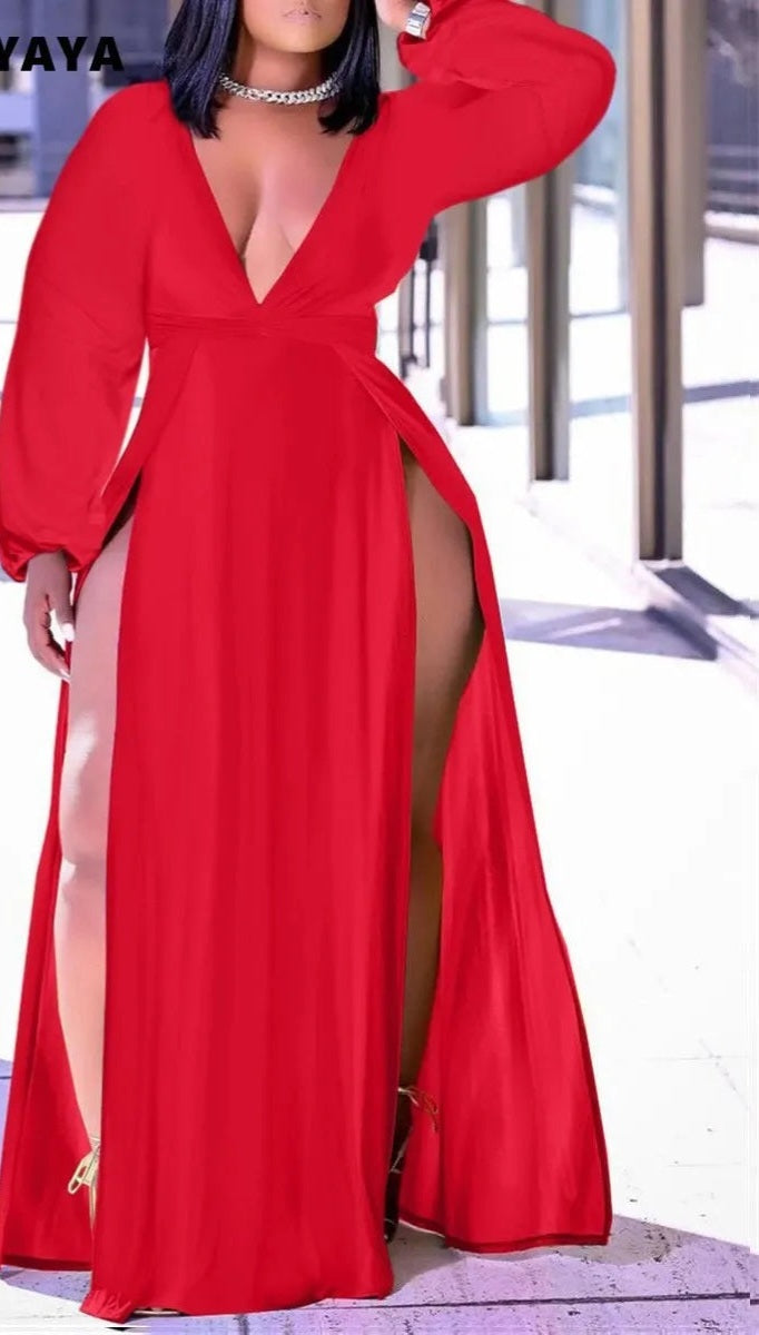 Hollow-Out Long Sleeve Deep V-Neck Solid Double High Side Split Maxi Dress