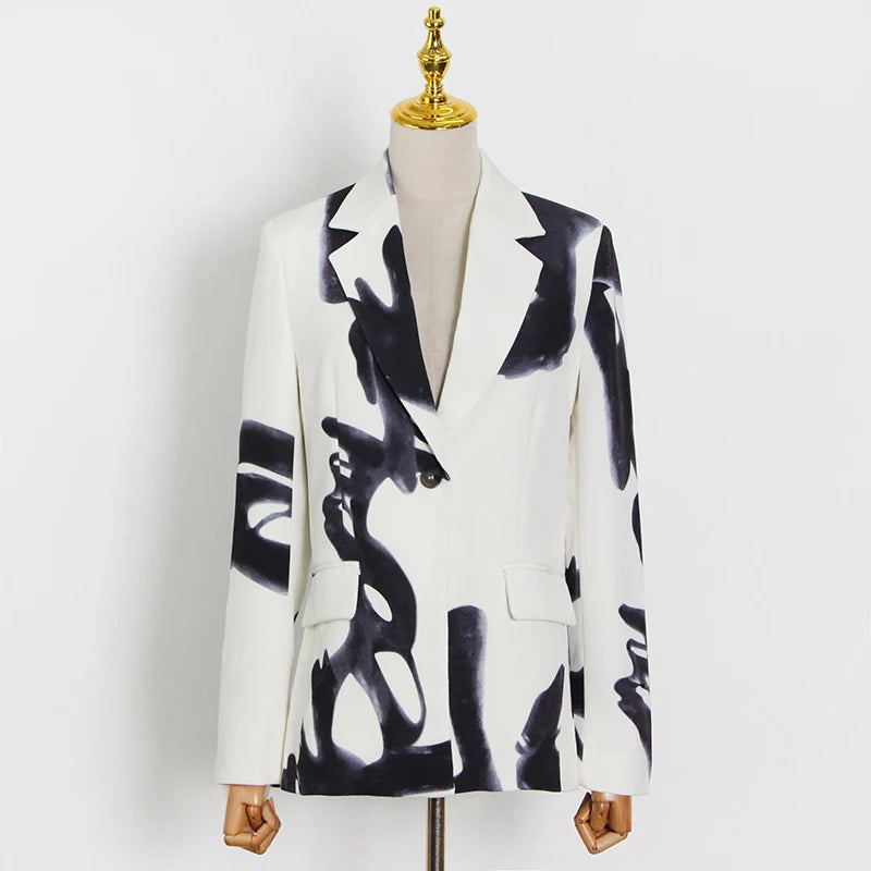 Designer Floral Print Abstract Colorblock Notched Long Sleeve Blazer + High Waist Pants Women's Business Suit