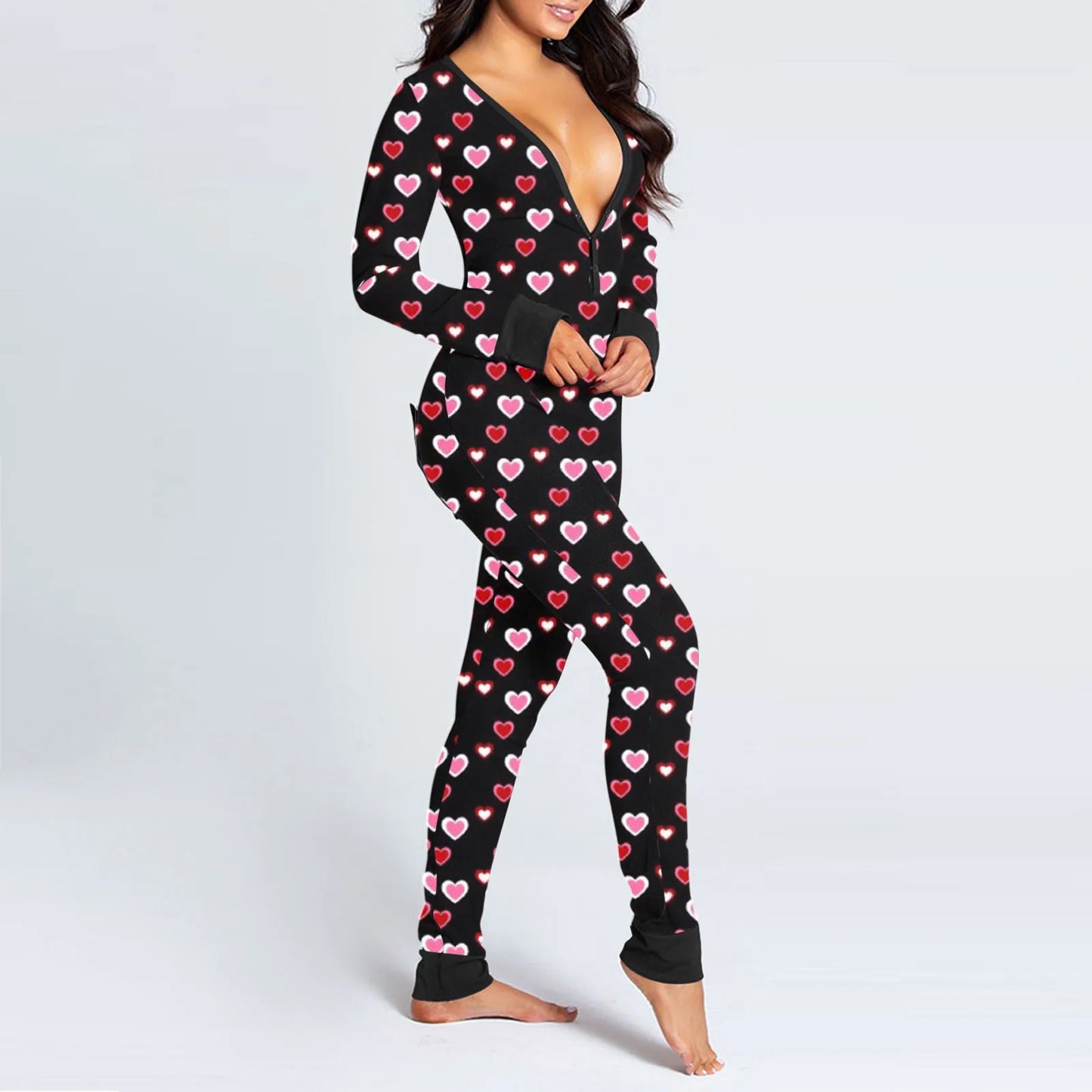 Women's Heart/Lip Print Long Sleeve One-Piece Button-Up Open Flap Back Onesie
