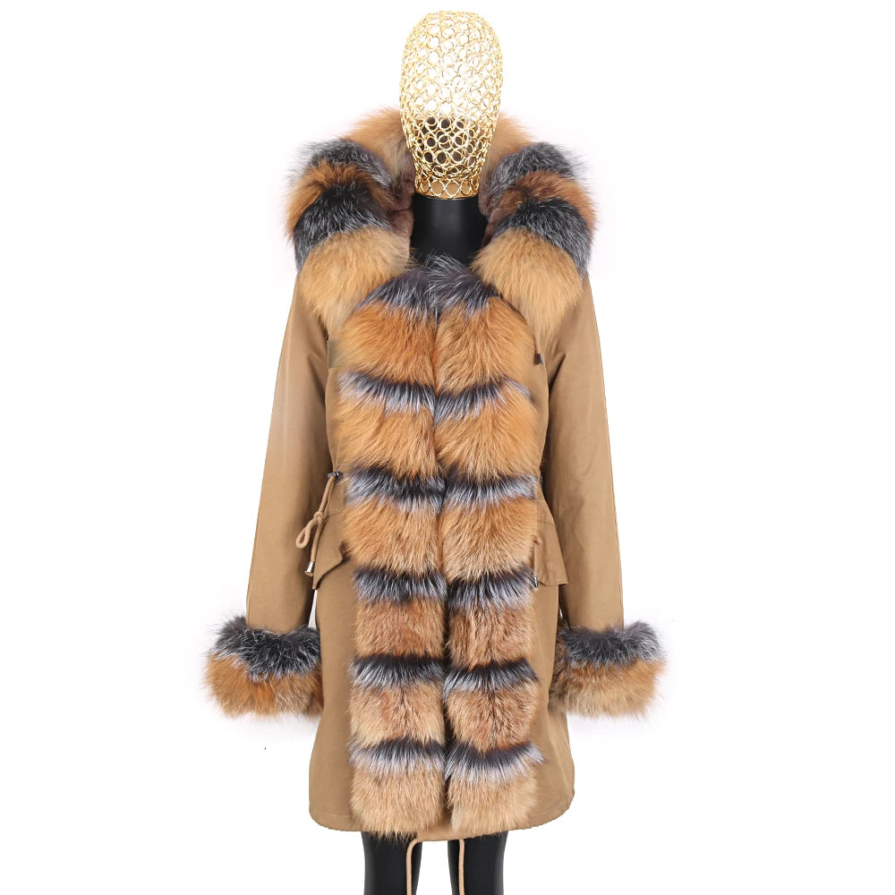 Colorblock Real Fur Oversized Collar Hip-Hop Design Women's Hooded Full Pelt Trenchcoat