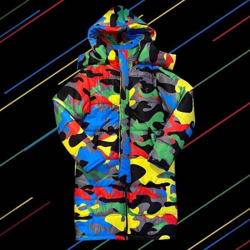 Colored Camouflage Print Long Unisex  Cotton Padded Coat w/ Detachable Hood