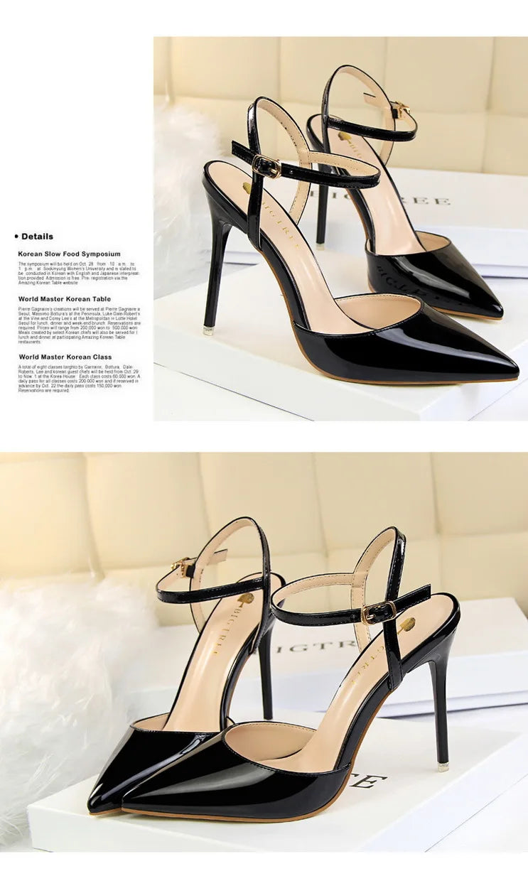Patent Leather Stiletto Heel Buckle Strap Solid Color Sandal Pumps