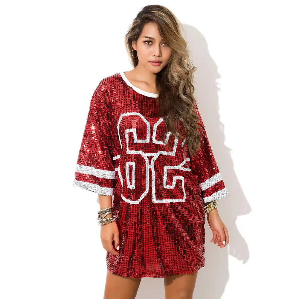 Metallic Sequin Number Printed 1/2 Sleeve Loose Sports Jersey Mini T-Shirt Dress