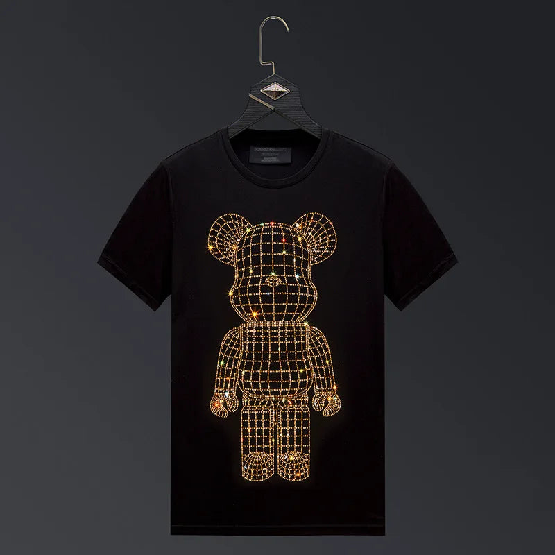 Rhinestone Men's Metal Grid Teddy Bear Streetwear O-Neck Short Sleeve T-Shirt