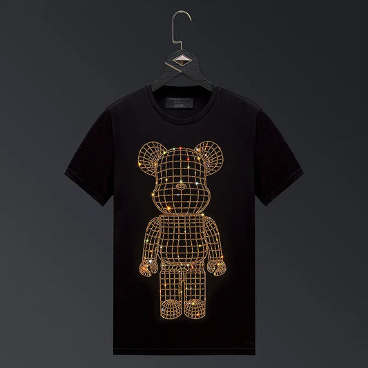 Rhinestone Men's Metal Grid Teddy Bear Streetwear O-Neck Short Sleeve T-Shirt