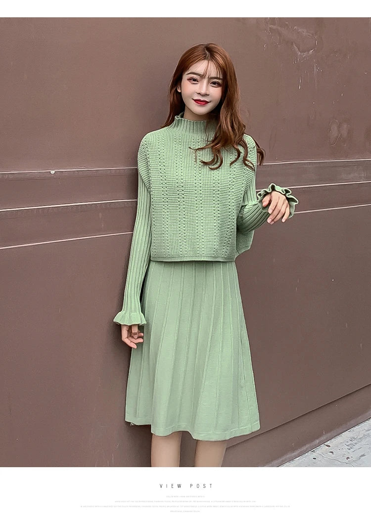 Solid Long Sleeve Pullover Sweater + Knitted Pleated Midi Skirt 2-Piece Set