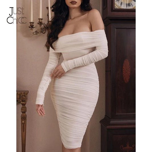 Double Layer Mesh Pleated Long Sleeve Bandage Off Shoulder Midi Dress