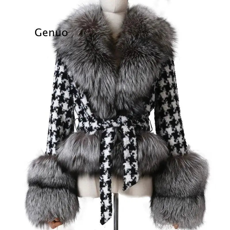 Faux Fur Collar Ladies Tie Sash Belt Houndstooth Jacket