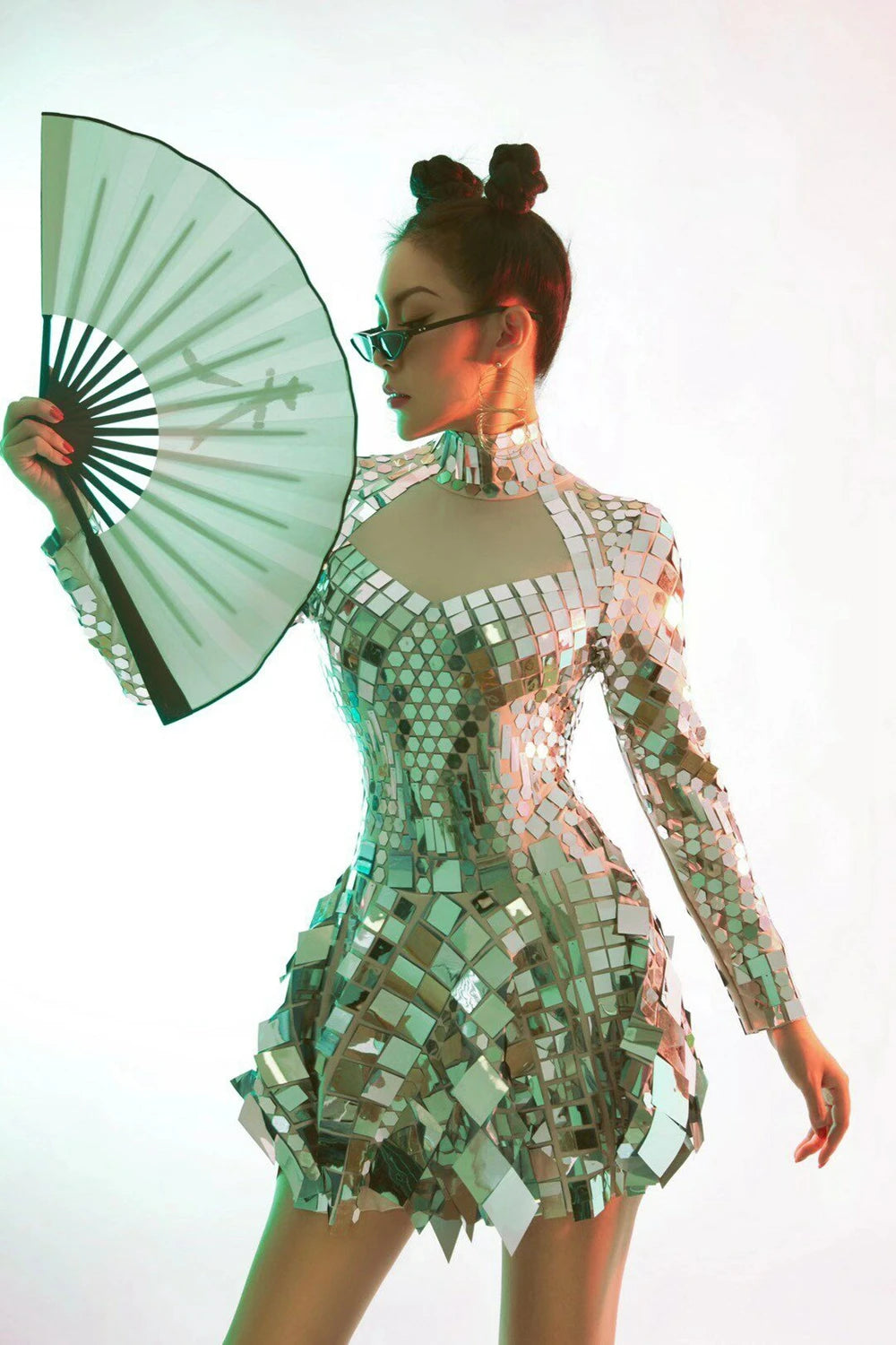 Sparkling Mirror Geometric Metallic Sequin Long Sleeve Formal Party Stage Performance Dress