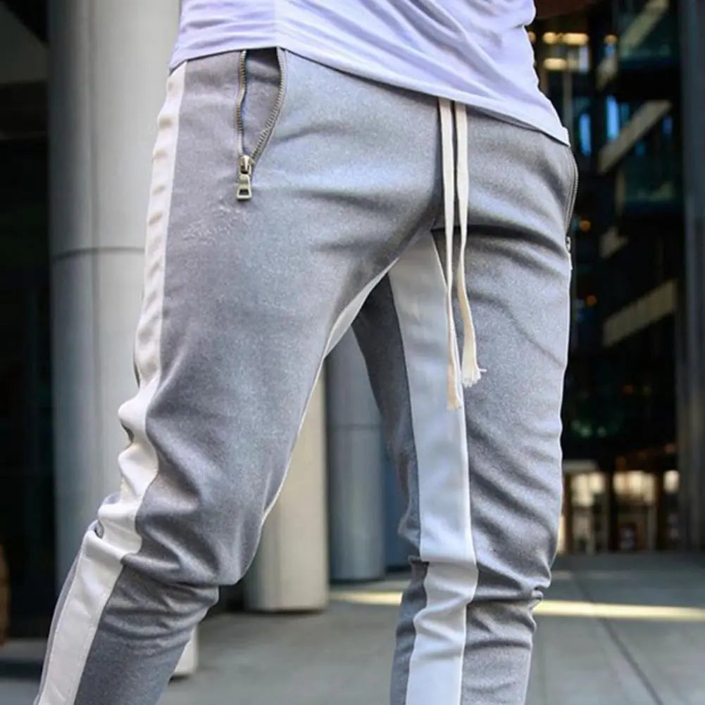 Zipper Ankle Solid Side Striped Men's Contrast Color Elastic Waist Drawstring Sweatpants