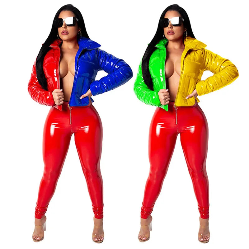 Colorblock Patchwork PU Leather Padded Zipper Long Sleeve Cropped Down Jacket