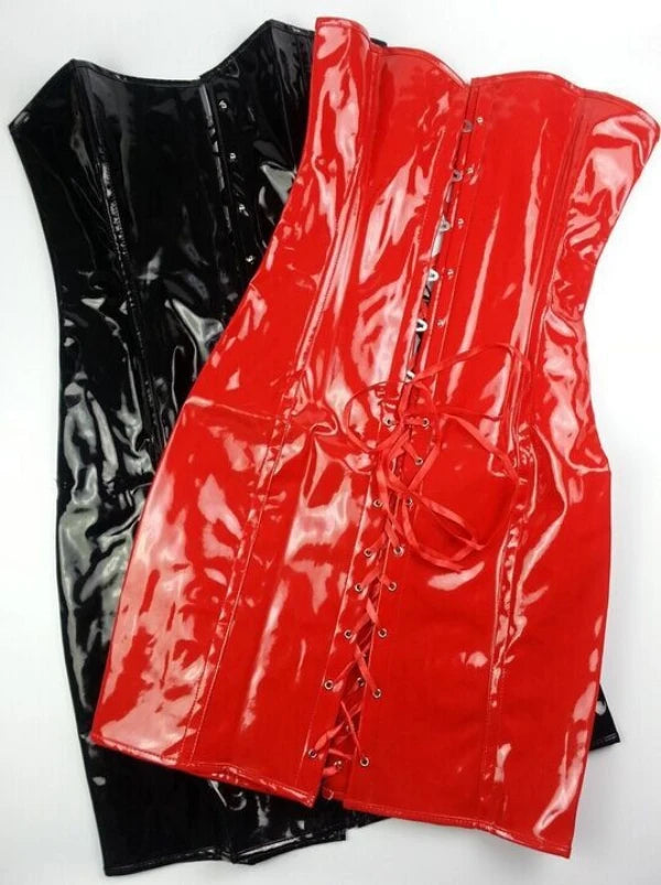 Strapless Shiny PVC Patent Leather Corset Bustier Bodycon Steampunk Overbust Dress