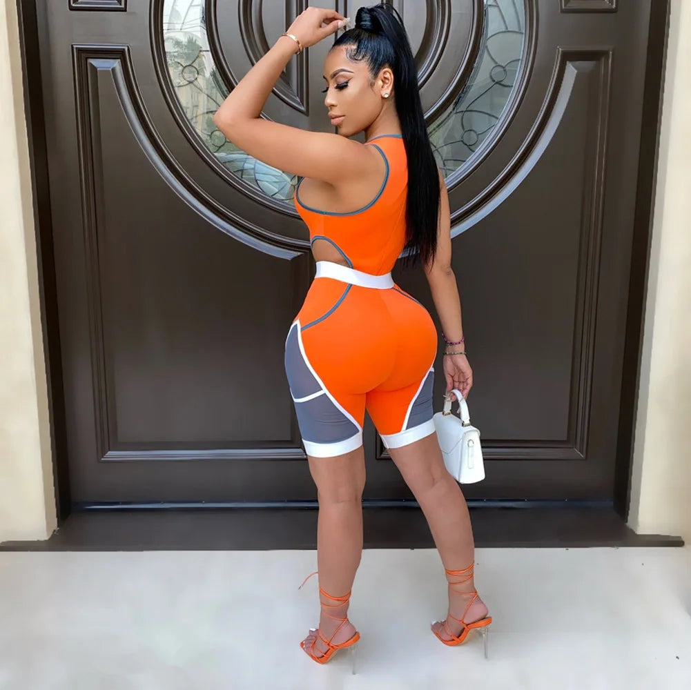 Colorblock Patchwork Sleeveless Bodycon Deep V-Neck Women's Fitness Workout Shorts Romper