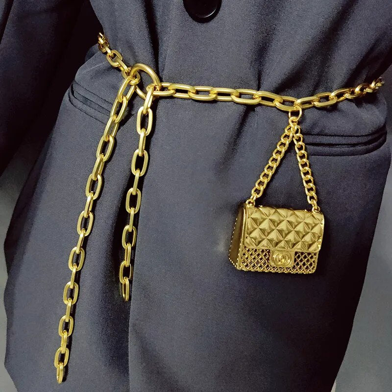 Gold/Silver Metal Mini Bag Pendant Hollow-Out Tassel Body Chain Belt