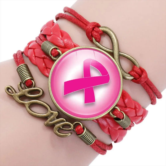 Breast Cancer Awareness Leather Faith Hope Cure Pink Ribbon Cluster Bracelet Bangle