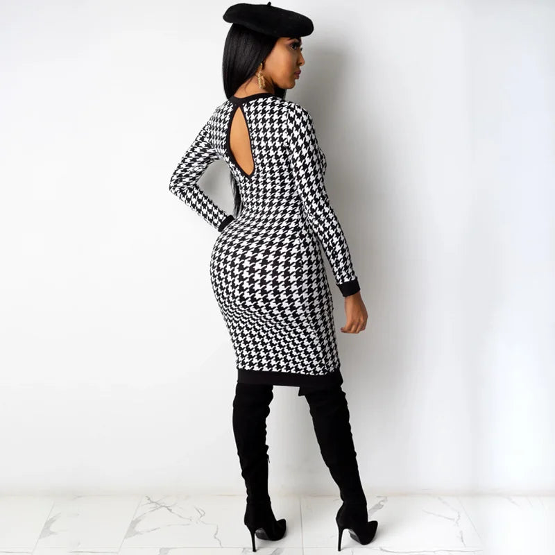 Black/White Houndstooth Print Long Sleeve Bodycon Streetwear Midi Dress