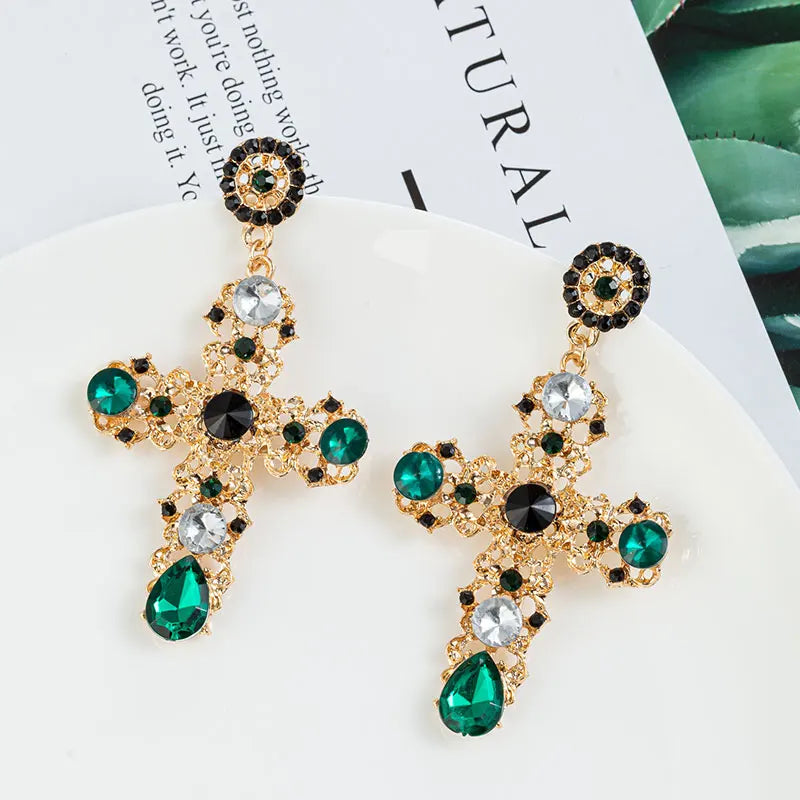 Vintage Crystal Cross Baroque Bohemian Oversized Drop Earrings