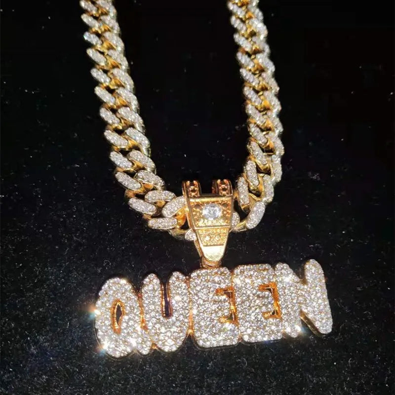 "KING" or "QUEEN" Letter Pendant Miami Cuban Iced Out Chain