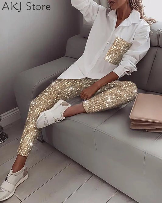 Sequin Long Sleeve Blouse & Glitter Shiny Pant 2-Piece Set