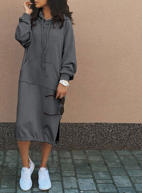 Drawstring Hem Pocketed Loose Baggy Hoodie Sweatshirt Dress w/ to 5X Plus Size