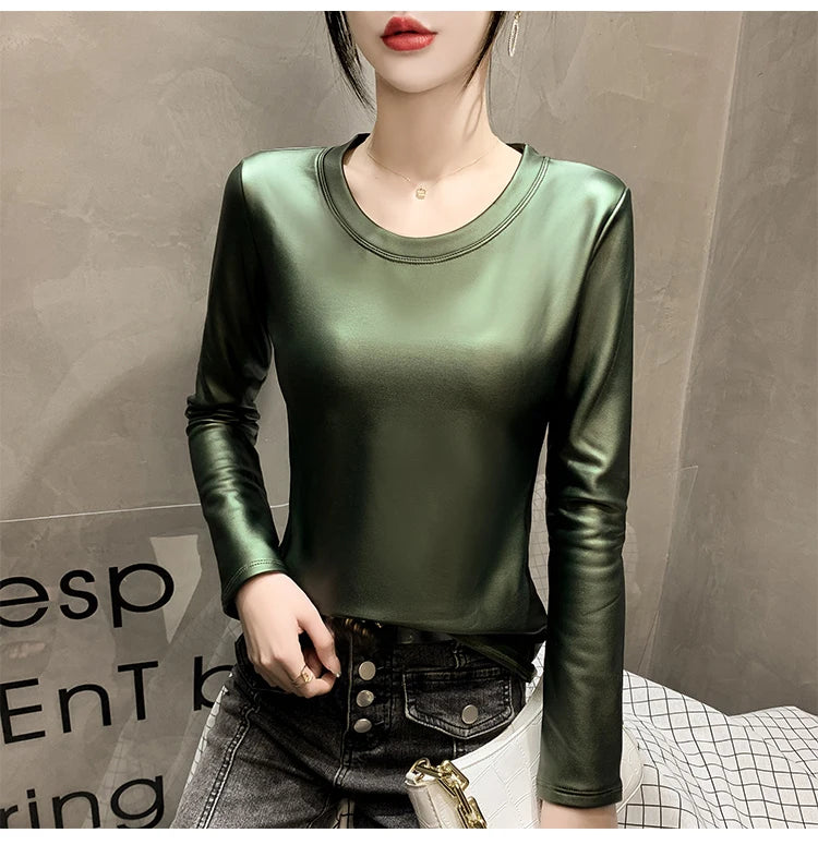 PU Leather O-Neck Colorblock/Solid Velvet Lined Long Sleeve Patchwork Elastic Women's Shirt to 4X Plus Size