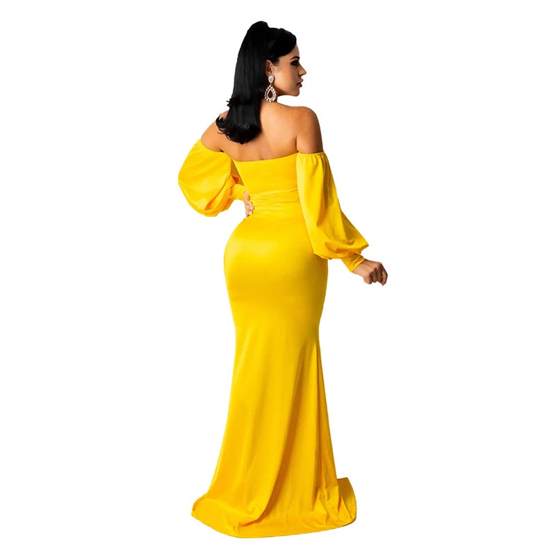 Flared Solid Corset Strapless Off-the-Shoulder Long Lantern Sleeve Pleated High Split Bodycon Maxi Dress