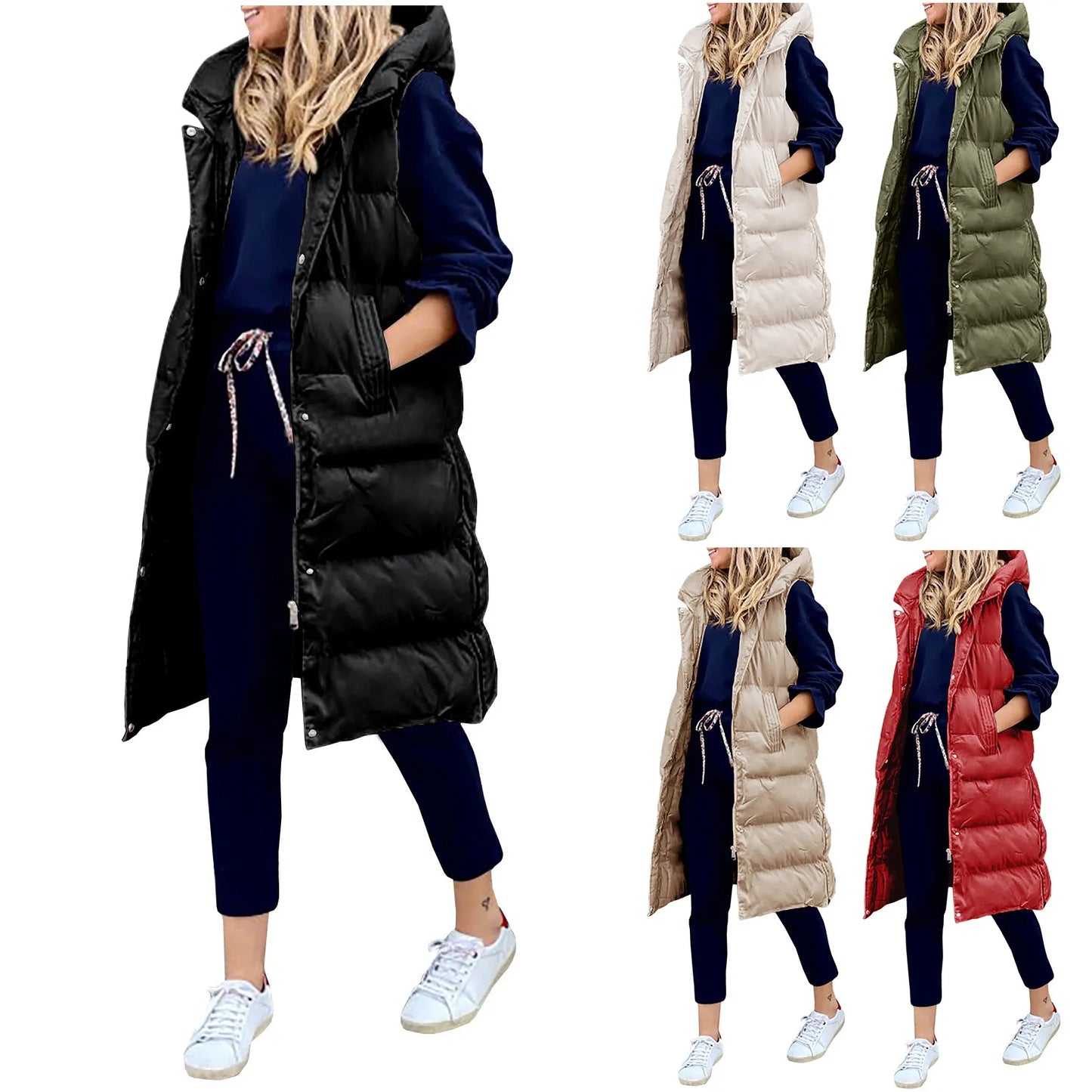 Solid Hooded Sleeveless Down Quilted Ladies Maxi Vest w/ Pockets