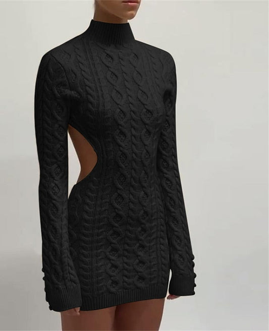 Open Back Knitted Solid Turtleneck Mini Sweater Dress