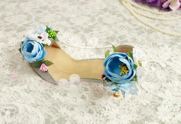 Pink/Baby Blue Rose Flower Decor Women's High Heel Pointed Toe Slip-On Pumps