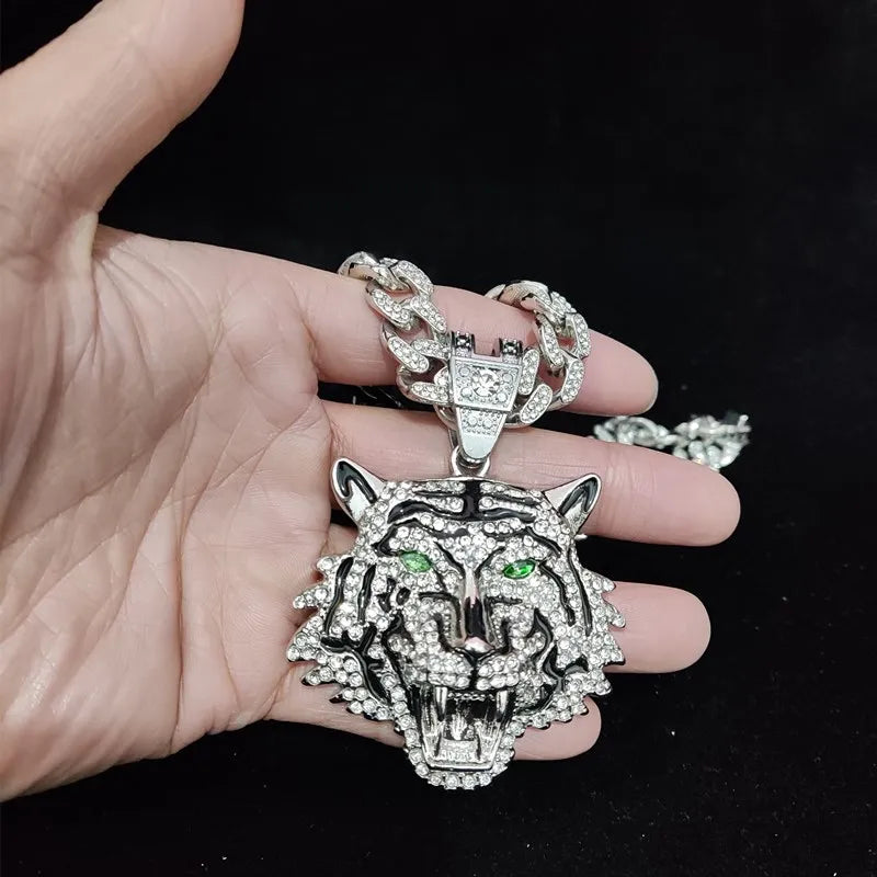 3D Tiger Pendant Crystal Cuban Chain Hip-Hop Iced Out Bling Chain Necklace