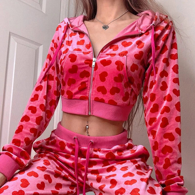 Pink/Red Heart Printed Hoodie Sweatshirt + Drawstring Pants Ladies Tracksuit