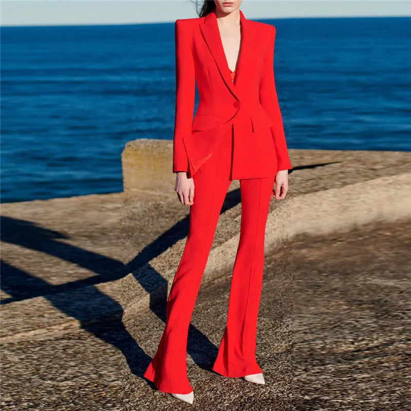 Designer Blazer Single Button Red Blazer + Flare Pants Business/Office Suit