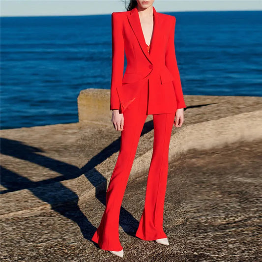 Designer Blazer Single Button Red Blazer + Flare Pants Business/Office Suit