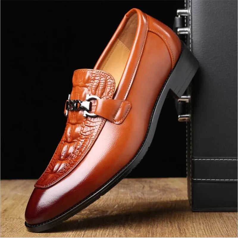 Crocodile Grain Leather Men's Business Slip-On Buckle Flat Loafers