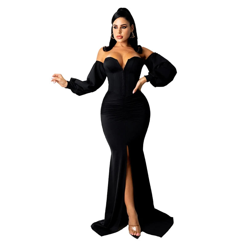 Flared Solid Corset Strapless Off-the-Shoulder Long Lantern Sleeve Pleated High Split Bodycon Maxi Dress