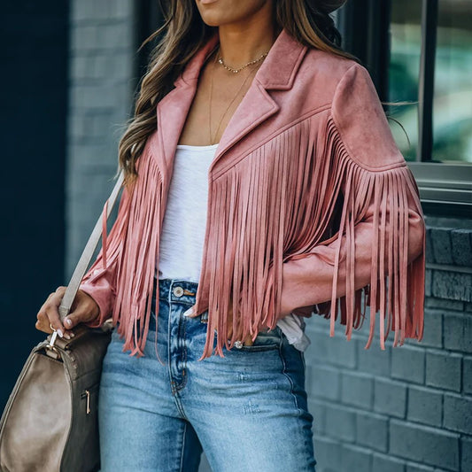 Tassel Fringe Detail Women's Cropped Faux Suede Western Cowgirl Jacket