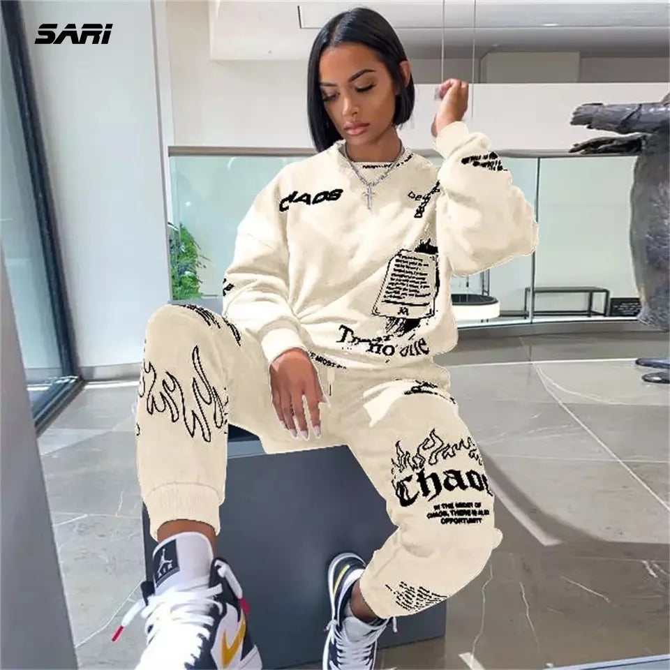 Women Tracksuit 2 Pieces Set Autumn Letter Printed Oversized Hoodies Sweatshirt Pants Suit Sweatpants Outfits Matching Sets