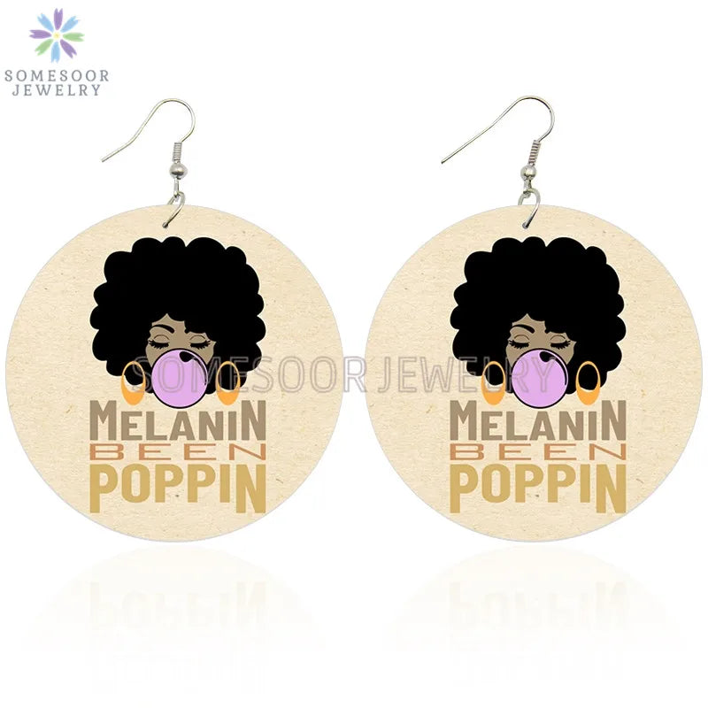 Pink Black Afro Woman Bubble Gum Print Wood Drop Earrings
