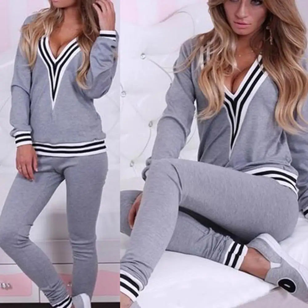 Striped Hem Women's V-Neck Sweatshirt + Sweatpants 2-Piece Set