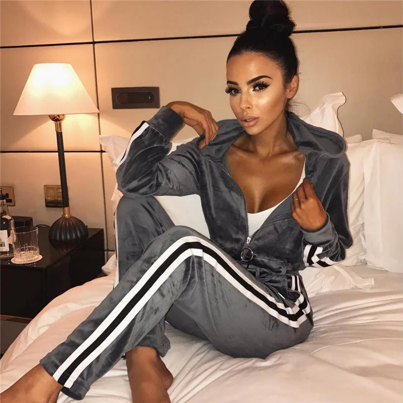 Velvet Ladies Side Striped Zipper Hooded Tracksuit