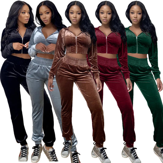 Cropped Long Sleeve Velvet Zipper Hoodie Jacket + Matching Sweatpants Women's Tracksuit