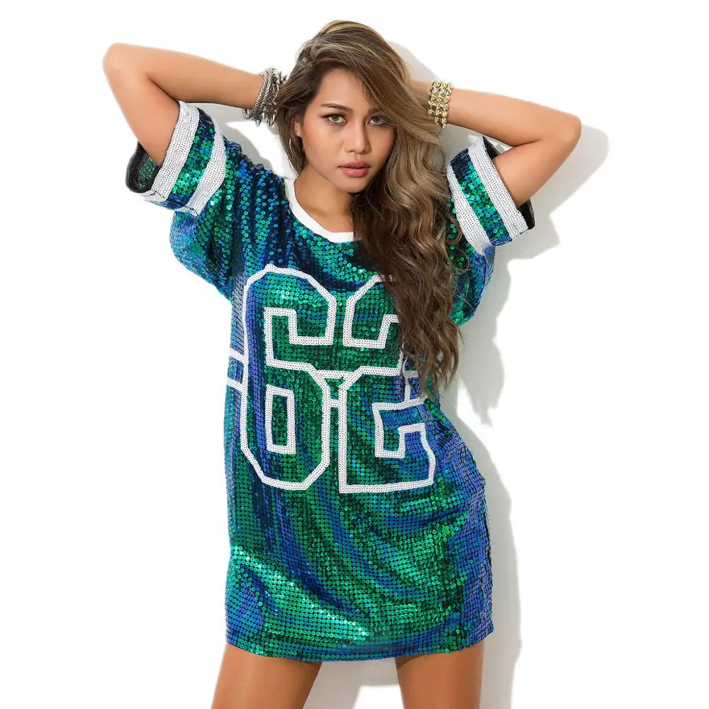 Metallic Sequin Number Printed 1/2 Sleeve Loose Sports Jersey Mini T-Shirt Dress