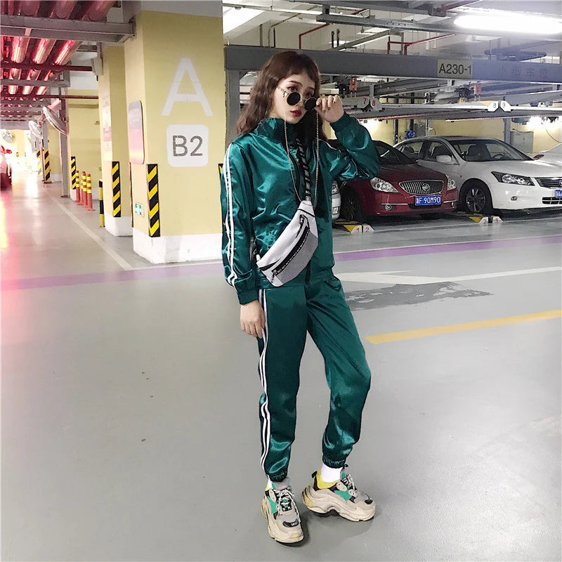 Satin Zipper Side Striped Ladies Jacket + Drawstring Pants Tracksuit