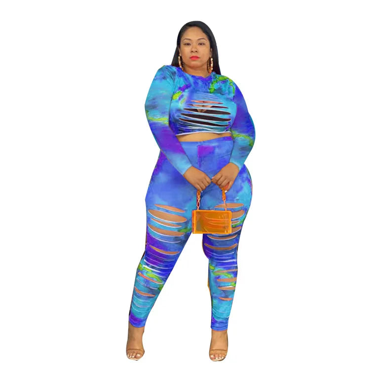 XL-5XL Plus Size Sets Fashion 2022 Hole Tie Dye Long Sleeve 2 Two Piece Pants Suits Sexy Women Outfots Wholesale Dropshipping