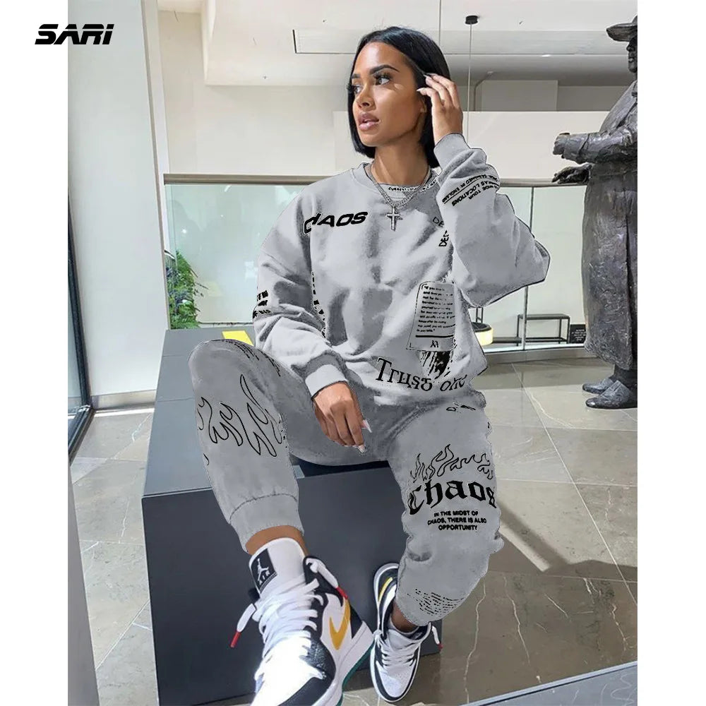 Women Tracksuit 2 Pieces Set Autumn Letter Printed Oversized Hoodies Sweatshirt Pants Suit Sweatpants Outfits Matching Sets