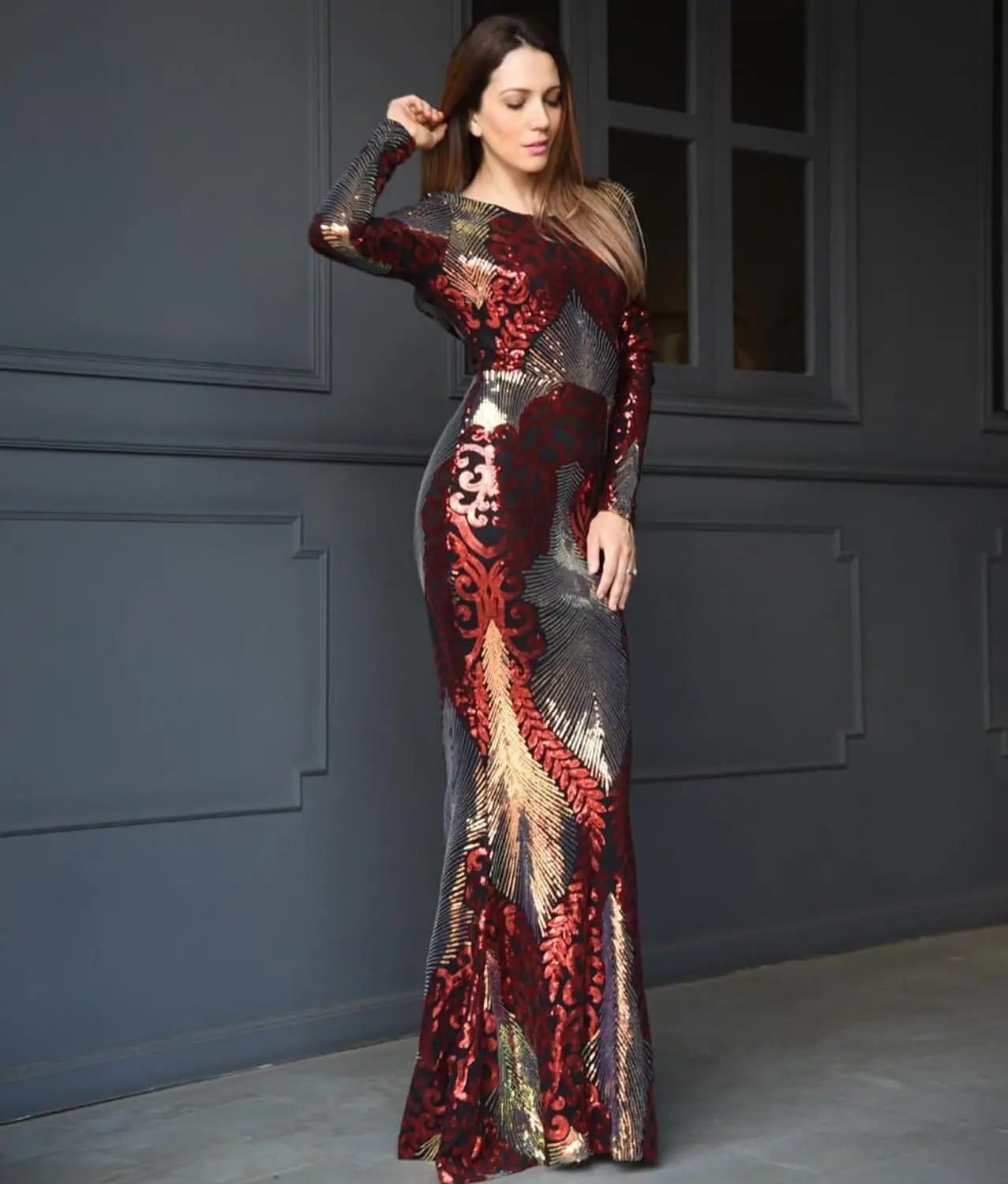 Formal Backless Sequin O-Neck Long Sleeve Floor Length Evening Gown Party Dress