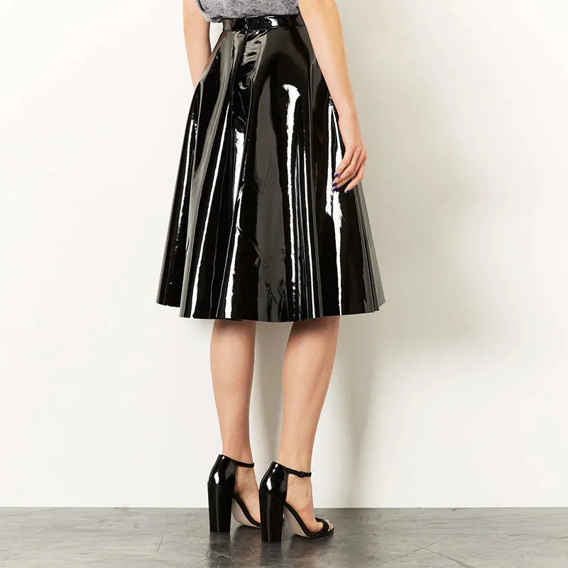 Latex Pleated Midi Gothic PU Leather PVC A-Line Skirt to 4X